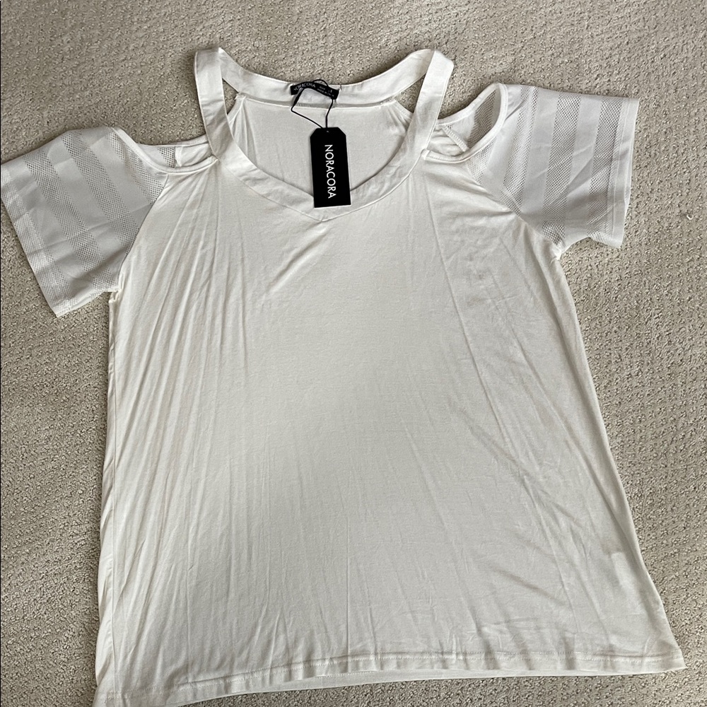 NORACORA Women's White Cold Shoulder Top - Picture 2 of 5